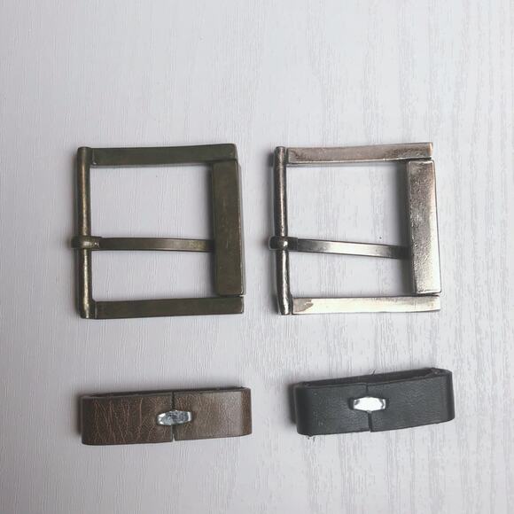 Lot of 2 Square Metal Belt Buckles + 2 Faux Leather Pleather Loops - Picture 1 of 9